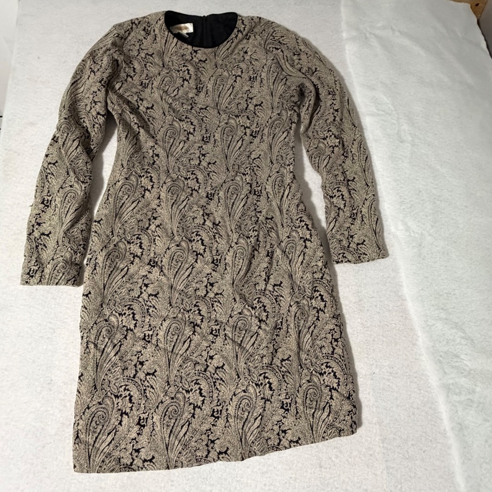 Talbots Petites 2P Paisley Tapestry Sheath Dress Long Sleeve Black Tan Career